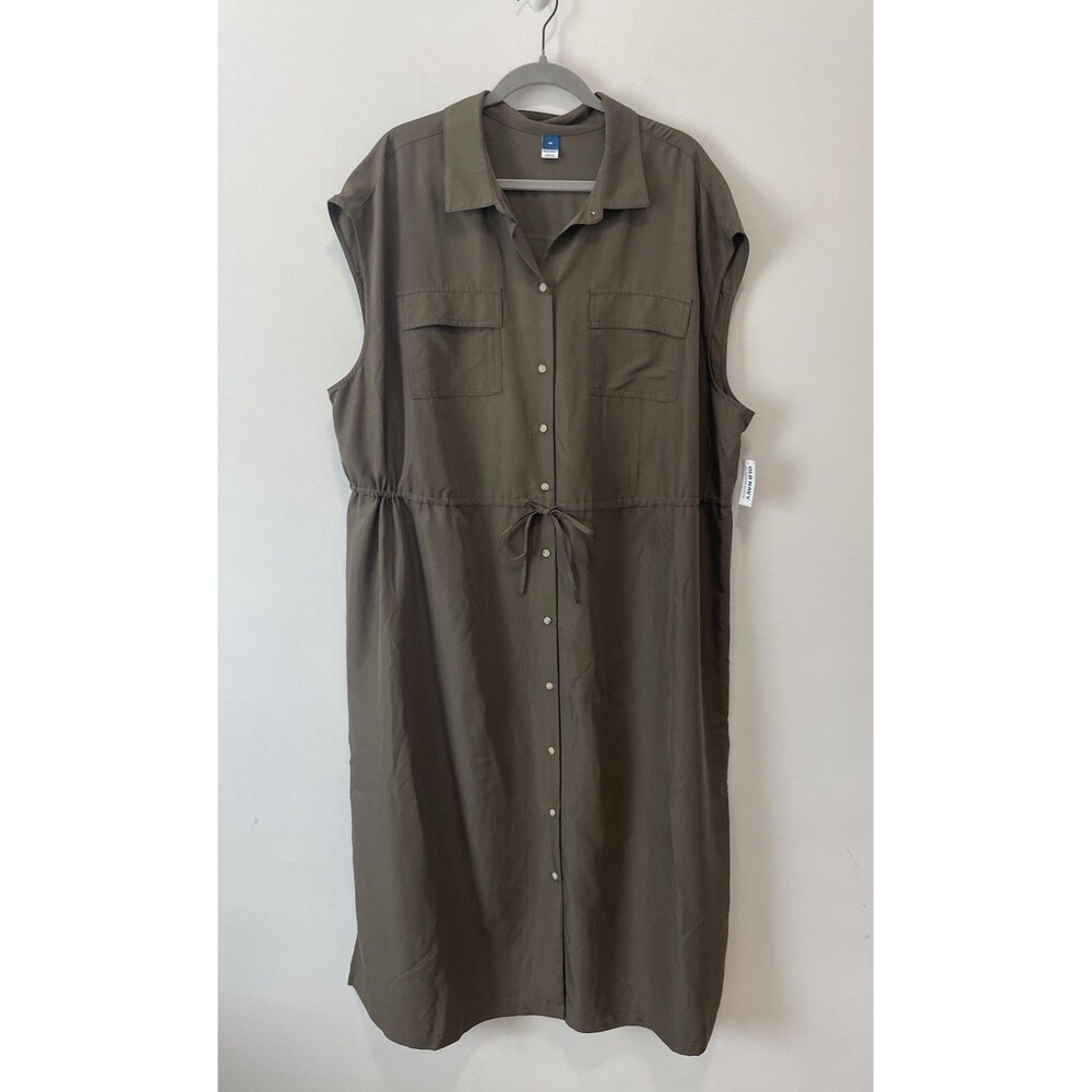Old Navy Short Sleeve Double Pocket Green Waist Defined Dress-2XL NWT Midi
